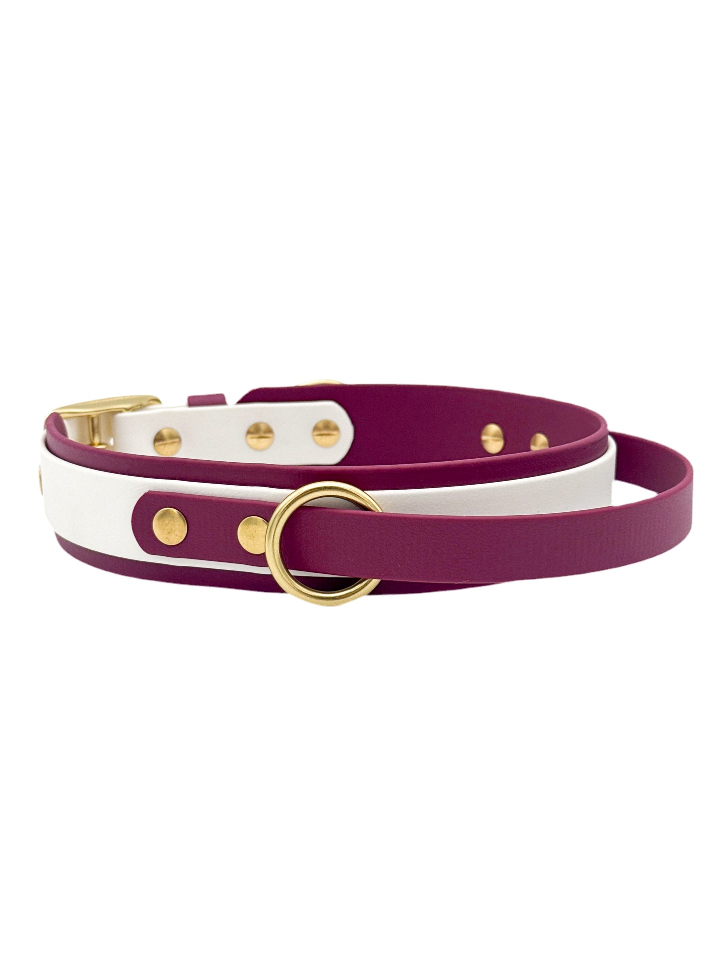Double Layer Dog Collar with Handle - 1.5" BioThane® with Brass Hardware - Wine/White