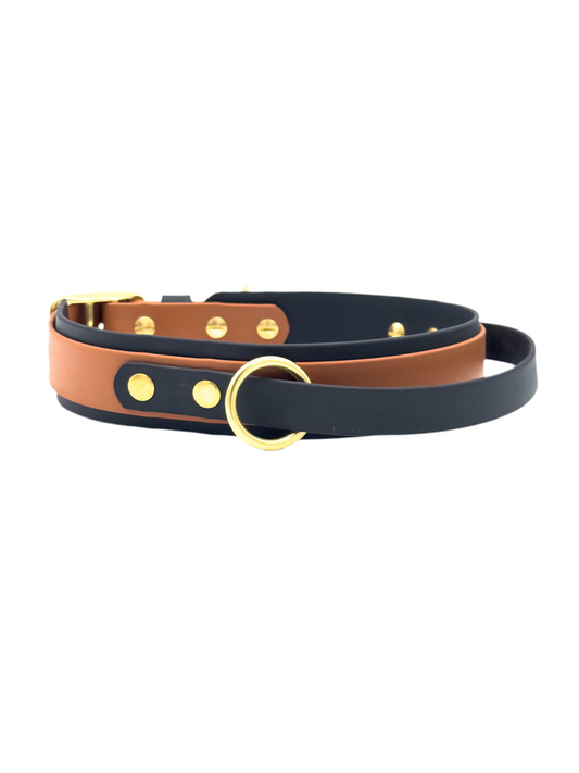 Double Layer Dog Collar with Handle - 1.5" BioThane® with Brass Hardware - Black/Light Brown