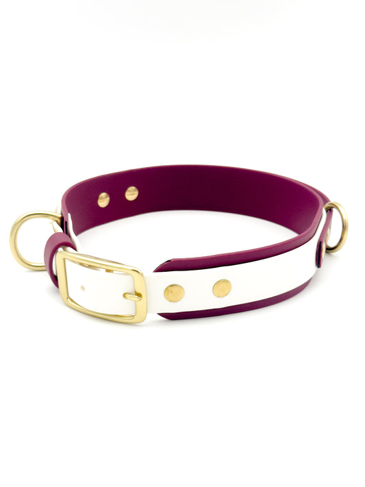 Double Layer Dog Collar with Handle - 1.5" BioThane® with Brass Hardware - Wine/White