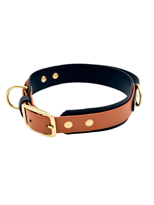 Double Layer Dog Collar with Handle - 1.5" BioThane® with Brass Hardware - Black/Light Brown