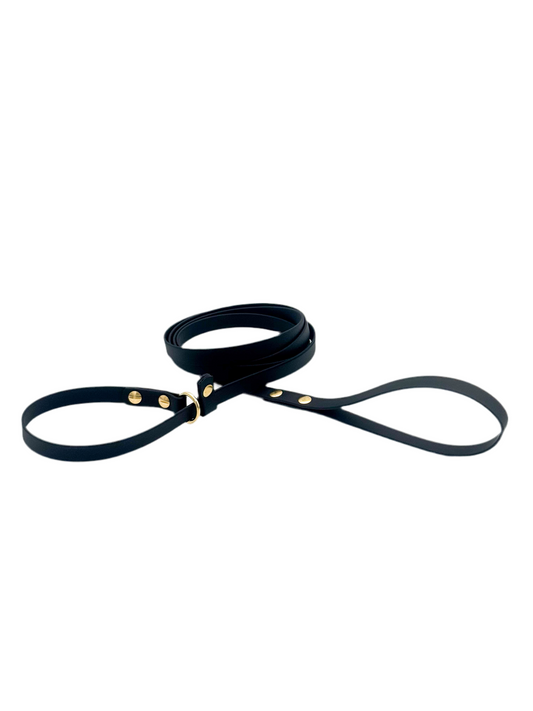 Black slip lead with brass hardware on a white background