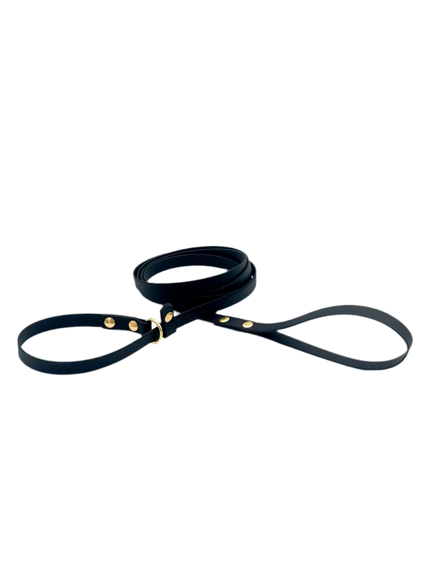 Black slip lead with brass hardware on a white background